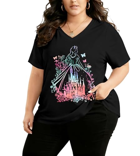 Image of NANYUAYA Plus Size Magic Shirts for Women Castle Kingdom Graphic Magical T Shirt Cute Holiday Princess Tee Vacation Tops