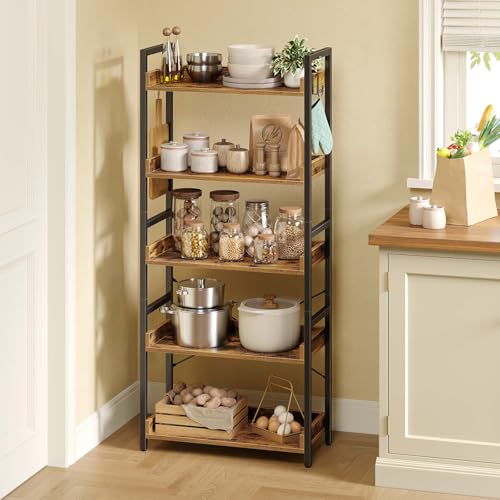 Rolanstar Bookshelf 5 Tier with 4 Hooks, Industrial Wood Bookcase, Vintage Storage Rack with Open Shelves, Rustic Standing Bookshelves Display Rack for Living Room, Bedroom, Rustic Brown