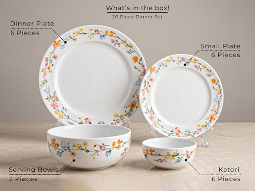 Image of Bodhi House Premium Porcelain Dinner Set 20 Pieces Serving for 6 | Floral Vine Design | Microwave & Dishwasher Safe | Crockery Set | Dinnerware Set for Home, Dining, Kitchen & Gifting