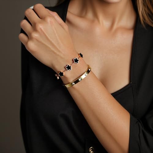 2Pcs 18K Gold Plated Clover Bracelet Gold Stack Bracelets for Women Lucky Flower Clover Bracelets Jewelry Gold Bracelet Set Trendy Jewelry Christmas Valentines Gifts for Women3