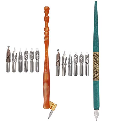 Biitfuu Calligraphy Oblique Nib Pen Point Holder, English Calligraphy Pen Nib Holder Antique Copperplate Script Handed Dip Pen + 6 Flat Nibs(2) #TOP6