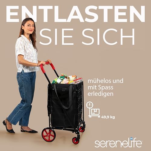 SereneLife Einkaufswagen, Einkaufstrolley Klappbar, Shopping Cart mit 50L Kapazität, Einkaufstrolley Treppensteiger aus Metall mit 360° Schwenkbare Räder & Abnehmbare Tasche, Rot – Bild 8