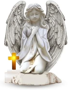 Praying Angel Watching Solar Sculpture with Candle Decorative Light Garden Waterproof Figurine Decor for Patio, Lawn, Yard, Housewarming Ornament Present