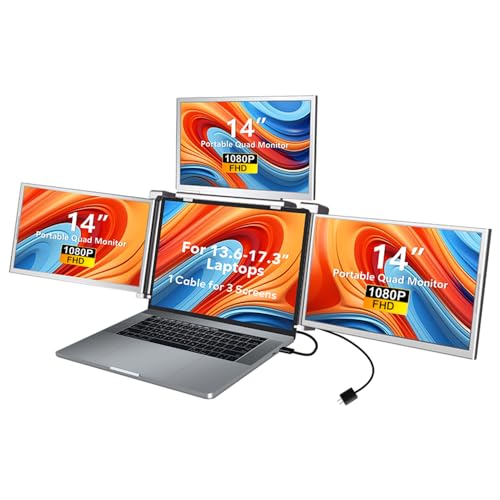 Image of Karlak 14 inches Lap Expansion Screen 1080P FHD Portable Quad-Screen Monitor able & Rotatable Design Driver Quick Installation with 1 Cable for 3 Displays for Windows, MacOS for 13.6-17.3 inch Lap