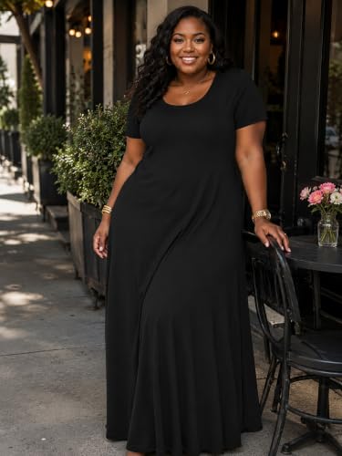 Image of PinkPatty Women's Plus Size Maxi Dresses Short Sleeve Sundress Summer T-Shirt Beach Long Dress with Pockets