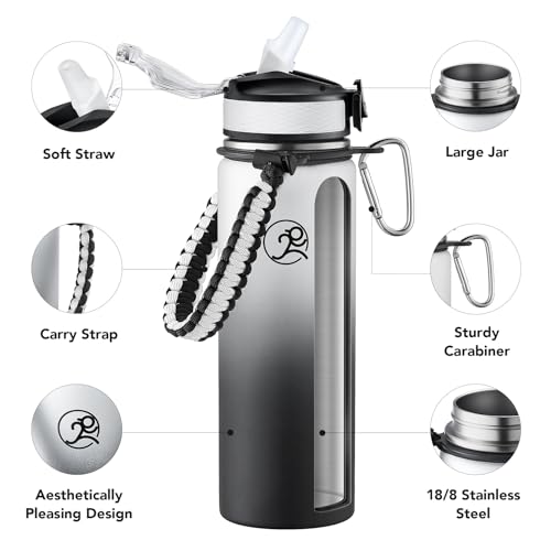 Image of GOSWAG 24oz Insulated Stainless Steel Travel Water Bottle, 2 Lids | with straw and no straw, Paracord handle, Double-wall vacuum keeps drinks cold or hot, Leakproof tumbler