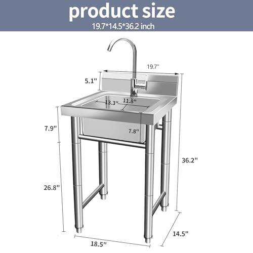 Stainless Steel Utility Sink Free Standing with Legs and Faucet - Single Bowl Kitchen Sinks, Shop Sink for Garage, Laundry Room, Outdoor, Commercial Restaurant, Backyard, Garden, Patio, 20 Inch - Thumbnail 6