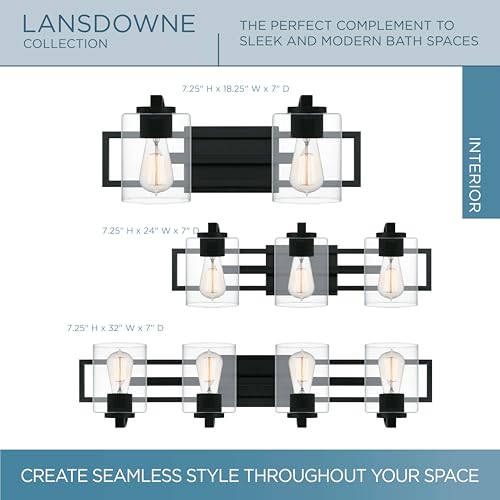 Image of Quoizel Lansdowne Modern Bath Vanity Lights, 24 Inch 3-Light Matte Black Lighting Fixtures Over Mirror, Clear Glass Shade, 100W, Decorative Wall Light for Bathroom, Dresser, Kitchen or Hallway