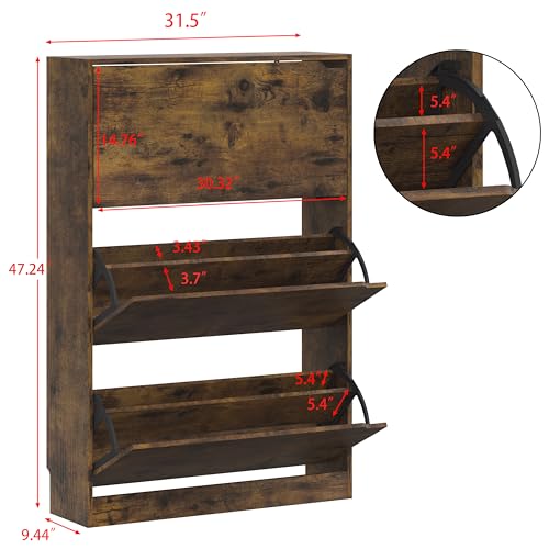 Image of Shoe Storage Cabinet for Entryway, Brown Shoe Cabinet with 3 Flip Drawers, Hidden Shoes Rack Freestanding Storage Organizer for Entryway,Closet, Living Room,Hallway 47.24 inchH x 31.50 inchW x 9.44 inchD