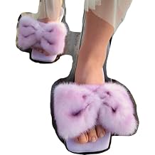 FURINFASHION GB-05 Furry Mink Fur Slides For Women With Fluffy Purple Bow Cozy Open Toe Slippers Outdoor Breathable Anti-Skid Sole Fashionable Summer Footwea