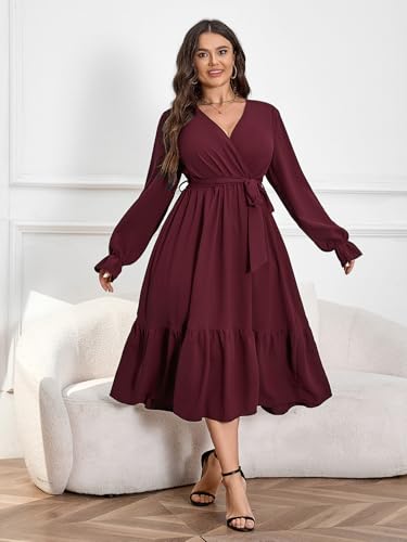 SCOMCHIC Womens Plus Size Wedding Guest Dresses Long Sleeve Faux Wrap V Neck Belted A-Line Flowy Maxi Cocktail Dress3