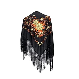 LA SEÑORITA Mantón de Manila Negro con bordados Naranja y Oro, Mantones de Flamenca para el Vestido de Feria, Sevillana o Flamenca. [160 x 80 cm] Tamaño Ideal para Todas las Edades [Niña & Mujer]