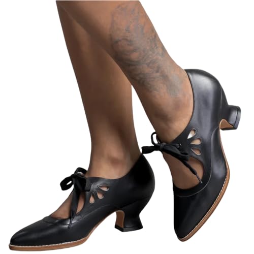 DUNHAO COS Women's Adorable Vintage Shoes Victorian Mary Jane Pumps Retro Point Toe Lace Up Shoes2