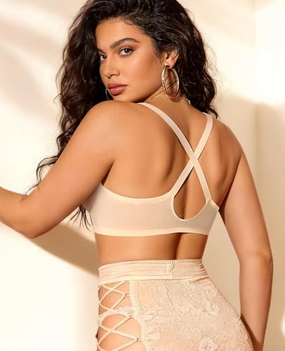 Image of YANDW Sexy Womens Mesh Front Closure Racerback Bras for Women See Through Plunge Non Padded Unlined Sheer Demi Bra Underwire