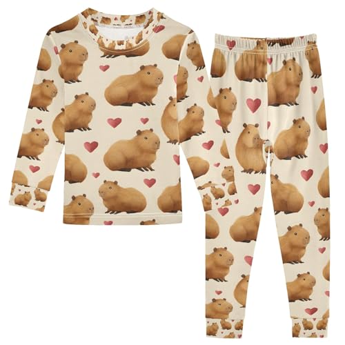 senya Brown Capybara Cute Heart Pajamas Set Long Sleeve Soft Cotton Sleepwear 2 Piece
