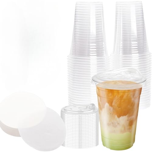 Zykphao Lot de 50 - Gobelets réutilisables transparents de 420 ml avec couvercles, en papier étanche, idéaux pour les boissons froides, les smoothies, les...