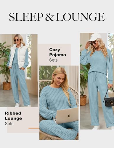 Image of Blooming Jelly Women Ribbed Long Sleeve Pajama Sets Fall Loungewear Pockets | 2 Piece Lounge Pj Matching Set Cute Casual Outfit Fleece Drawstring Crew Neck Wide Leg Flannel Soft Sleepwear