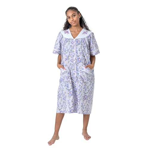 Women's Short Sleeve Woven Snap-Front Closure Floral Embroidery Housecoat Duster Lounge Nightgown Robe with Front Pockets2