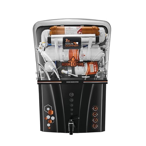 AQUA D PURE 4 in 1 Alkaline RO Water Purifier with Goodness of Copper and RO, UV, UF, Inbuilt TDs Adjuster, Multisource Water Compatibility, Black