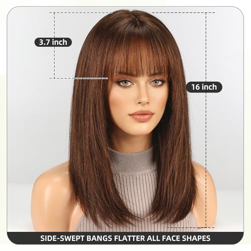 Image of 16 Inch Dark Brown Human Hair Wig, Human Hair Wig With Bangs, Real Hair Wigs For Women, real human hair wigs