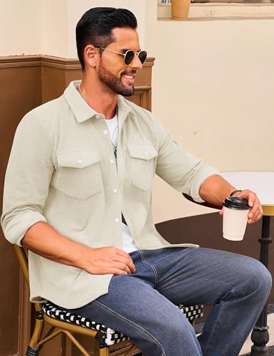 Cotrasen Men's Corduroy Shirt Jacket Button Down Long Sleeve Ribbed Shacket Lightweight Overshirt with Flap Pockets3