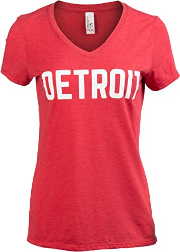 Ann Arbor T-shirt Co. Detroit | Classic Retro City Red Detroiter 313 Cool Michigan Women V-Neck T-Shirt Top-(RedV L)