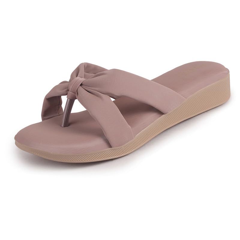Image of FAUSTO Women Bow Design Dual Strap Office Party Ortho Slip On Sandals | T-Strap Thong Slippers | Light Traditional Outfits, Festive Kurtis, Salwar Suit Set