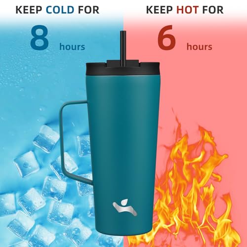 Image of Konokyo 22 oz Insulated Tumbler with Handle & Straw, Stainless Steel Mug