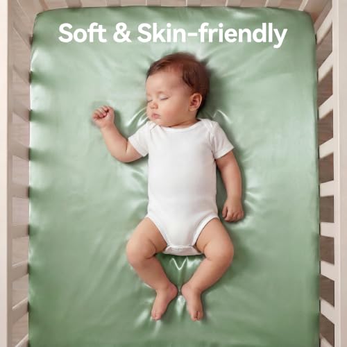 Image of 2 Pack Satin Crib Sheets for Baby Hair Care - Oeko-TEX Certified Silky Soft Fitted Mattress Cover 28x52 - Breathable & Gentle on Skin, Snug Fit for Standard Crib (Sage & Champagne)
