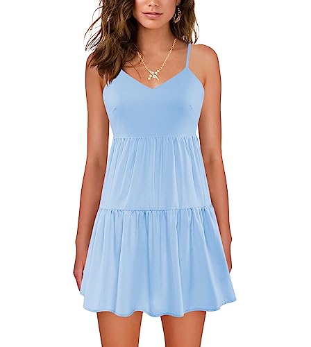 Image of Nova In Sky Womens Summer Mini Dresses Sleeveless Casual V-Neck Sundresses | Spaghetti Strap Casual Boho Mini Dress, Backless Ruffle A Line Mini Swing Skater Dress, Beach, Vacation, Concert, Graduation