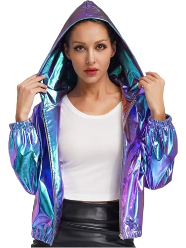 Vxuxlje Metallic Jacke Damen Holographic Kapuzenjacke Langarm Modernen Tanztop Freizeitkleidung Streetwear Halloween Fasching Kostüm Clubwear Blau L