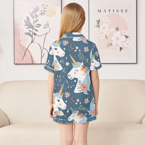 ALAZA Cute Unicorn Moon Blossom Pajamas Satin Pajama Set Short Sleeve Button Down Sleepwear4