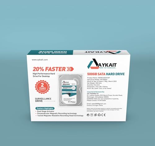 Image of AYKAIT 500GB Internal SATA Hard Drive - 3.5 Inch, 7200 RPM, 6Gb /s, 64MB Cache, Reliable HDD for Desktop PC & Surveillance Systems, High-Performance Storage with 2-Year Warranty