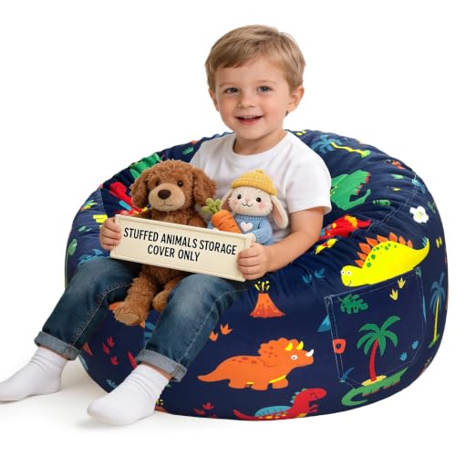 Lukeight Dinosaur Stuffed Animal Storage Bean Bag Chair Cover for Kids Velvet Plush Toy Organizer Seat Cover Only No Filling Included Long YKK Zipper Side Pocket Large 27D x 16H