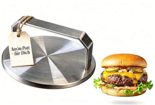 BeHe Smash Burger Presse 1kg schwer 100% Edelstahl – Massive Burger Presse für Grill & Plancha – 8 mm Burgerpresse für perfekte Smashburger Kruste – Burger Patty Presse Made im Ruhrgebiet