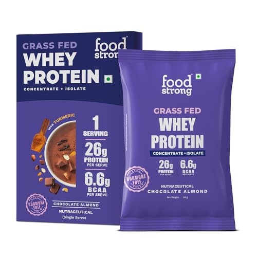 Image of Foodstrong Whey Protein Powder (Concentrate + Isolate), 100% Hormone Free Grass-Fed Whey, 26G Protein & 6.6G BCAA, Chocolate Almond, With Turmeric & Digestive Enzymes, Single Serve Sachet, 34G