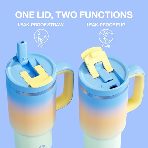 Image of ENCOOL 32 oz Tumbler with Handle and Straw: Stainless Steel Insulated Tumbler Keeps Cold for 24 Hours, Leakproof Travel Cup Fits in Cup Holder and BPA-Free, Sunny Breeze