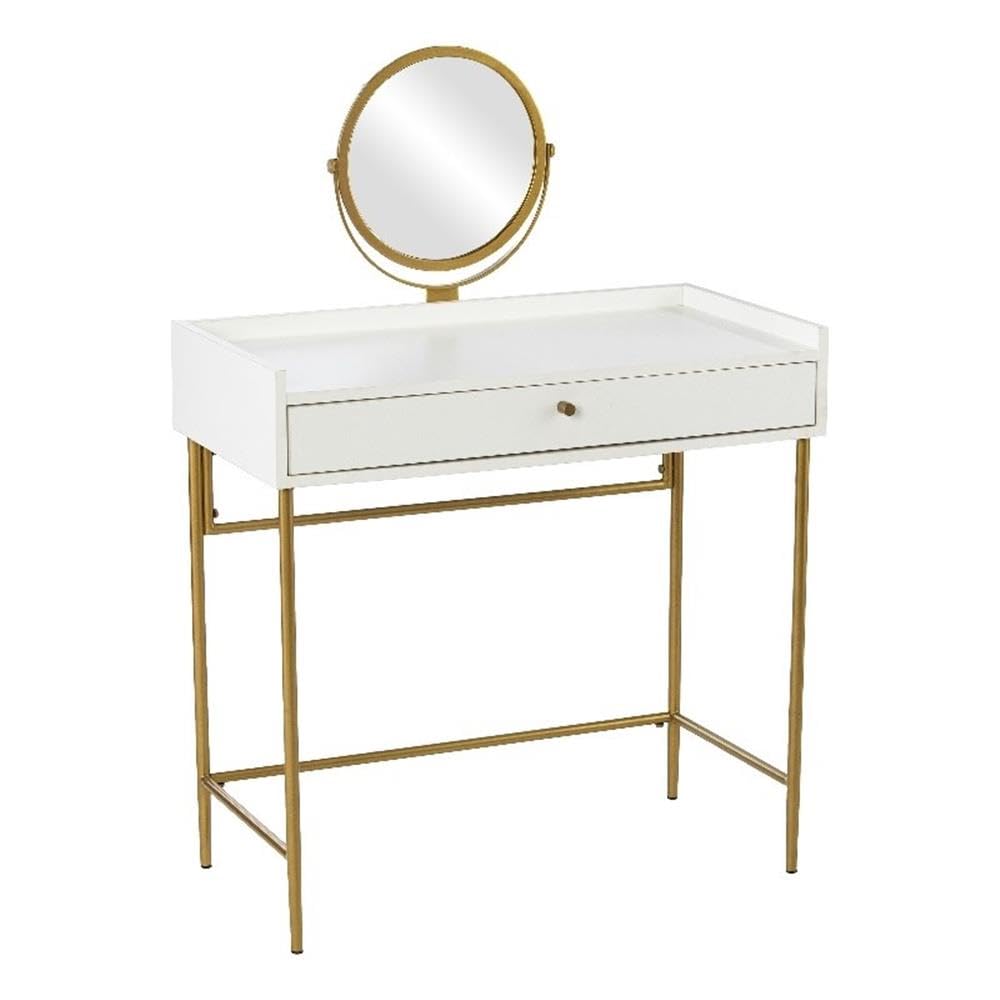 SEI Furniture Derald Vanity Table w/Round Mirror and Storage, White