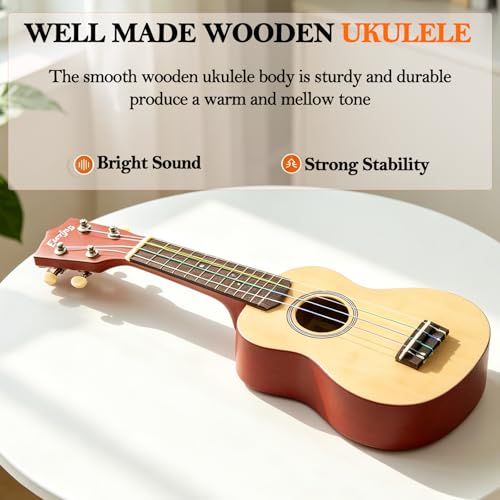 Image of Everjoys Soprano Ukulele Beginner Kit 21 Inch w /Free Online Lesson Gig Bag Tuner Picks Strap, Fast to Learn (Rainbow String)