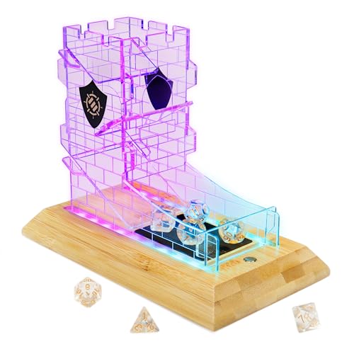 ENHANCE Torre de Dados LED de Sobremesa con Juego de Dados de 7 Piezas para Juegos de rol: Juego de Dados Transparente, Rodillo de Dados LED con Base de Bambú y Diseño de Torre de Castillo