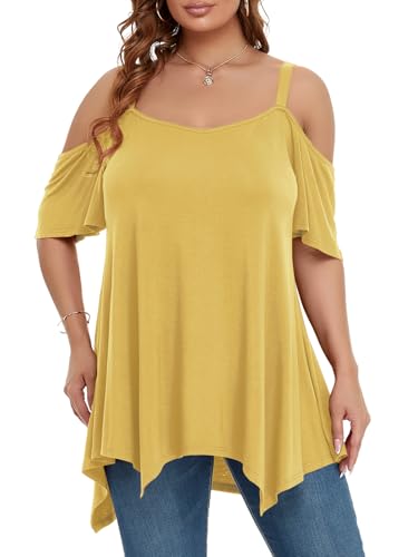 Image of LARACE Cold Shoulder Tops for Womens Summer Clothes Spaghetti Strape Tunic Oversized Shirts Asymmetrical Plus Size Blouse