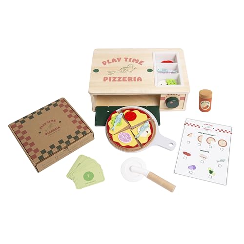 Pearhead Wooden Pizzeria Montessori Pretend Play Food Set, 38-Piece Play Kitchen Accessories, (38 Pcs) Toy Pizza Oven with Pizza Toppings Food Set, Preschool Toys for Toddlers, Ages 3+ Years