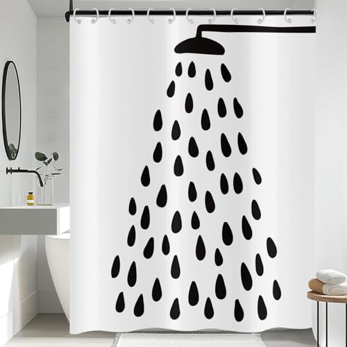 Hnmdmyi Cortina de Ducha Negra y Blanca 120x180, Cabezal de Ducha Moderno y Divertido con Gotas de Agua Tejido de poliéster Impermeable Cortina de baño Lavable con Ganchos para el Cuarto de baño