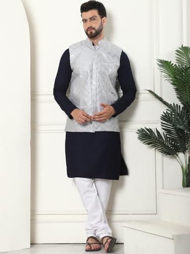 Image of SOJANYA (Since 1958 Men's Cotton Linen Maroon Kurta and White Pyjama with Mustard Cotton Nehru Jacket
