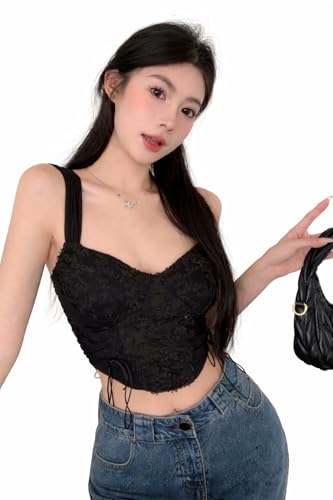 ICW Women’s Lace Corset Style Women Top with Tie-Up Detail DN1880 (IN, Alpha, S, Regular, BLACK)