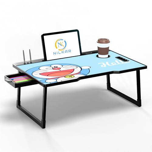 Image of Foldable Wooden Mini Laptop Table for Bed, Study Table with Drawer, Tablet /Mobile Holder for Kids & Adults (STD DRM)