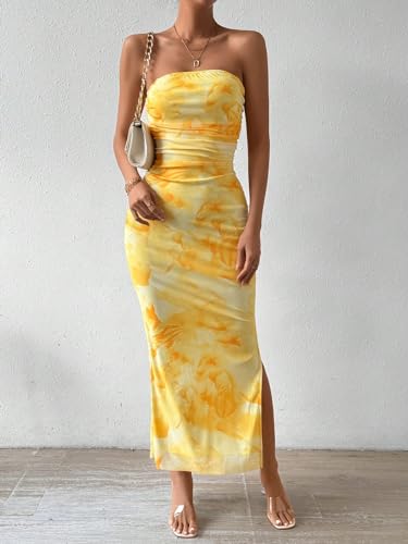 Image of GORGLITTER Women's Floral Strapless Bodycon Wedding Guest Dress Vacation Summer Birthday Tropical Maxi Long Sun Dresses