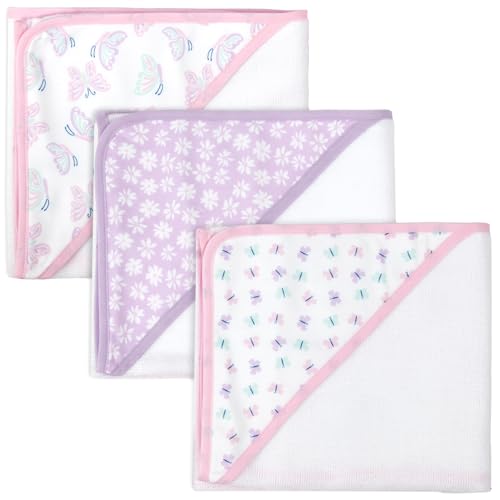 Image of Jessica Simpson Baby 6-Piece Hooded Towel & Washcloth Set - Soft Polyester Baby Bath Towels - Pink & Green Floral Design (Purple Floral Butterflies)