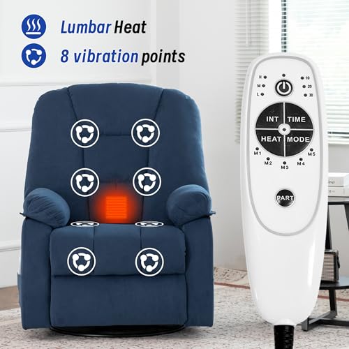 Image of Power Swivel Rocker Recliner Chair for Adults, Electric Rocking Recliner with Massage and Heat for Living Room Bedroom, Fabric Reclining Sofa Chair with USB and Type-C Ports,Navy Blue