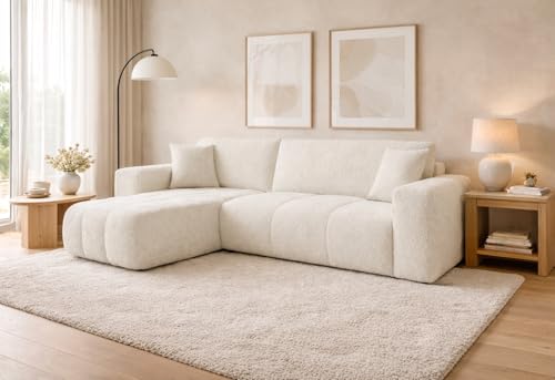 Tendencio Canapé d'angle Convertible TALIO en Tissu Bouclette avec Coffre de Rangement (Blanc cassé)